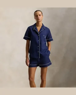 Leinen-Baumwoll-Pyjama mit Shorts Blue