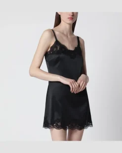 Lingerie-Unterkleid aus Seidensatin mit Spitze, schwarz Black