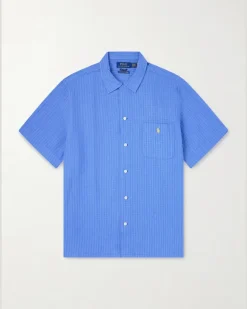 Logo-Embroidered Checked Linen and Cotton-Blend Shirt Blue