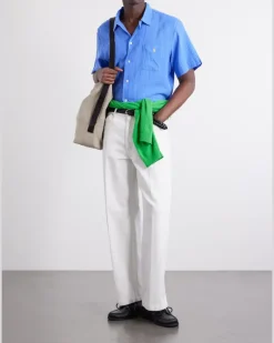 Logo-Embroidered Checked Linen and Cotton-Blend Shirt Blue