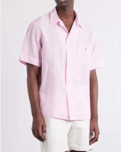Logo-Embroidered Checked Linen and Cotton-Blend Shirt Pink