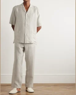 Logo-Embroidered Striped Linen Pyjama Set Neutrals