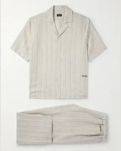 Logo-Embroidered Striped Linen Pyjama Set Neutrals
