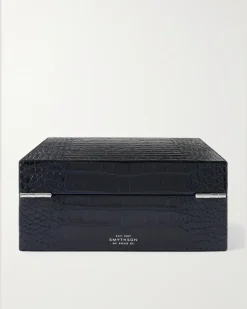 Mara Croc-Effect Leather Six-Piece Watch Box Blue