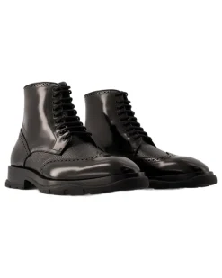 Men's Brogue-Trimmed Leather Ankle Boot Black