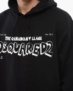 Men's Canadian Village Logo Loose Fit Hoodie Black Clothing > Knitwear