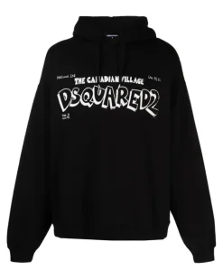 Men's Canadian Village Logo Loose Fit Hoodie Black Clothing ><noscript><img width=