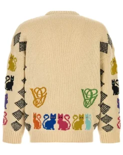 Men's Intarsia-Knit Cat And Houndstooth Cardigan Beige Virgin Wool