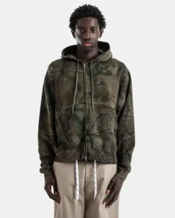 Men Zipped Hoodie Cotton Dry Fleece Forest Camo Print Diamond B Hoodies Olive
