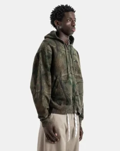 Men Zipped Hoodie Cotton Dry Fleece Forest Camo Print Diamond B Hoodies Olive