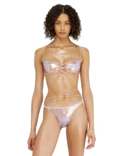 Metallisches Strappy-Bikini-Top mit Blumenprint - BHs - Damen - Violett