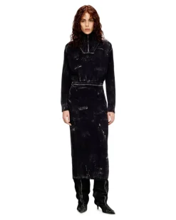 Midikleid aus behandeltem Wollmischgewebe-Strick - Kleider - Damen - Schwarz