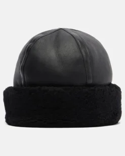 Mütze aus Leder mit Shearling Schwarz