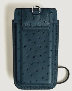 Multifunktionales Etui mit Federdetail aus Leder mit Straußenprägung - Samtblau - Leder - MB220478 - Taschenaccessoires
