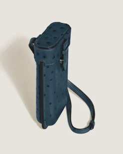 Multifunktionales Etui mit Federdetail aus Leder mit Straußenprägung - Samtblau - Leder - MB220478 - Taschenaccessoires