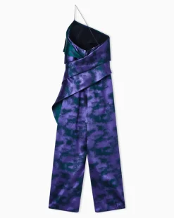 One-Shoulder-Jumpsuit aus zweifarbiger Jacquard-Seidenmischung Violett