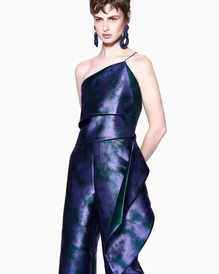 One-Shoulder-Jumpsuit aus zweifarbiger Jacquard-Seidenmischung Violett
