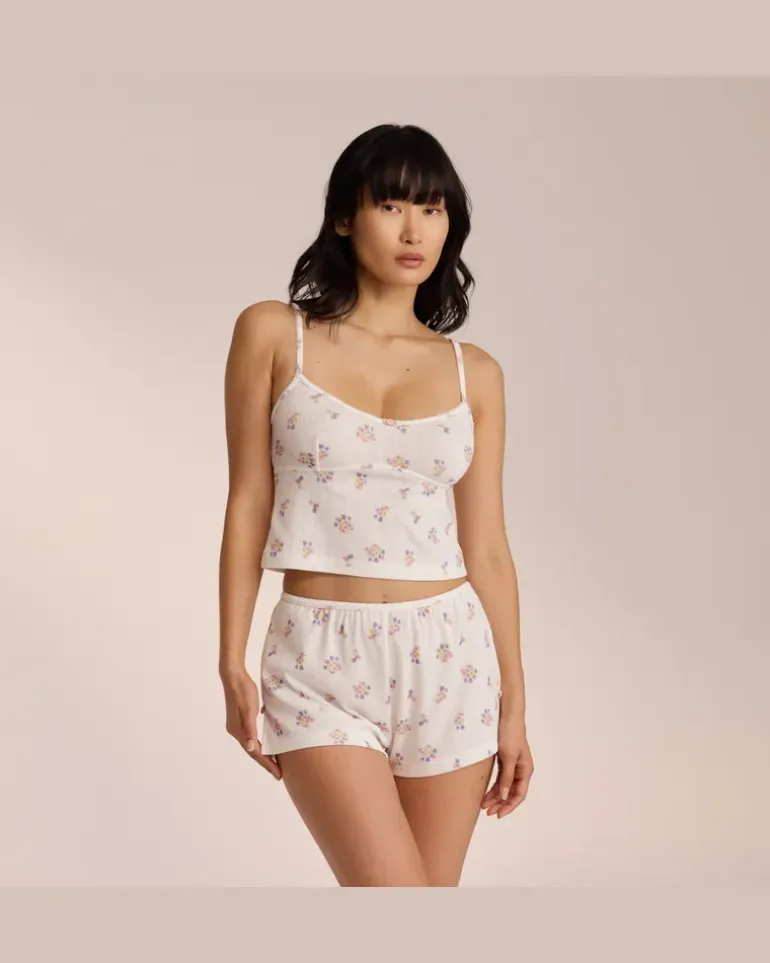 Pointelle Cami Pyjamatop - Florales Weiß