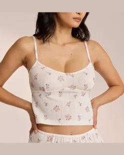 Pointelle Cami Pyjamatop - Florales Weiß