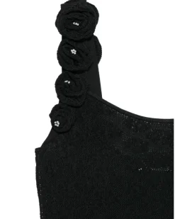 Pointelle-Strickoberteil mit Blumenapplikation - Schwarz