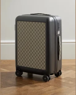 Porter Leather-Trimmed Monogrammed Coated-Canvas Suitcase Neutrals