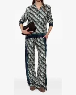 Pyjama-Oberteil aus Seide mit Monogramm-Print - Grün