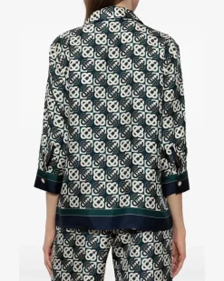 Pyjama-Oberteil aus Seide mit Monogramm-Print - Grün