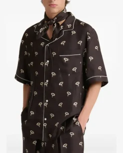Pyjama-Oberteil aus Seidentwill mit Blumenprint - Braun