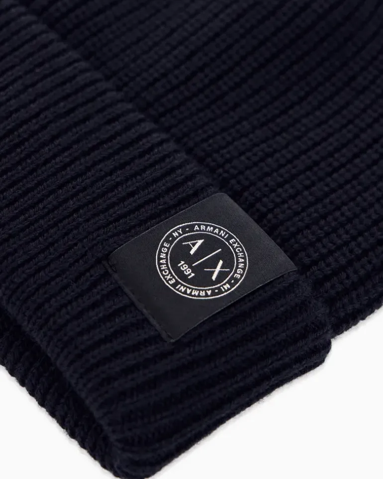 Rippstrick-Beanie mit Umschlag aus Baumwolle und Schurwolle Marineblau