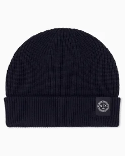 Rippstrick-Beanie mit Umschlag aus Baumwolle und Schurwolle Marineblau