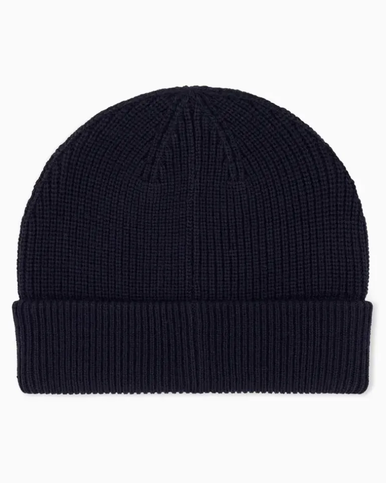 Rippstrick-Beanie mit Umschlag aus Baumwolle und Schurwolle Marineblau