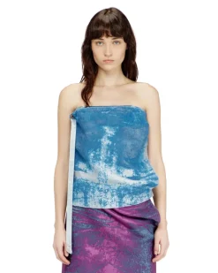 Ärmelloses Top aus farbigem Satinstoff-Denim - Oberteile - Damen - Blau