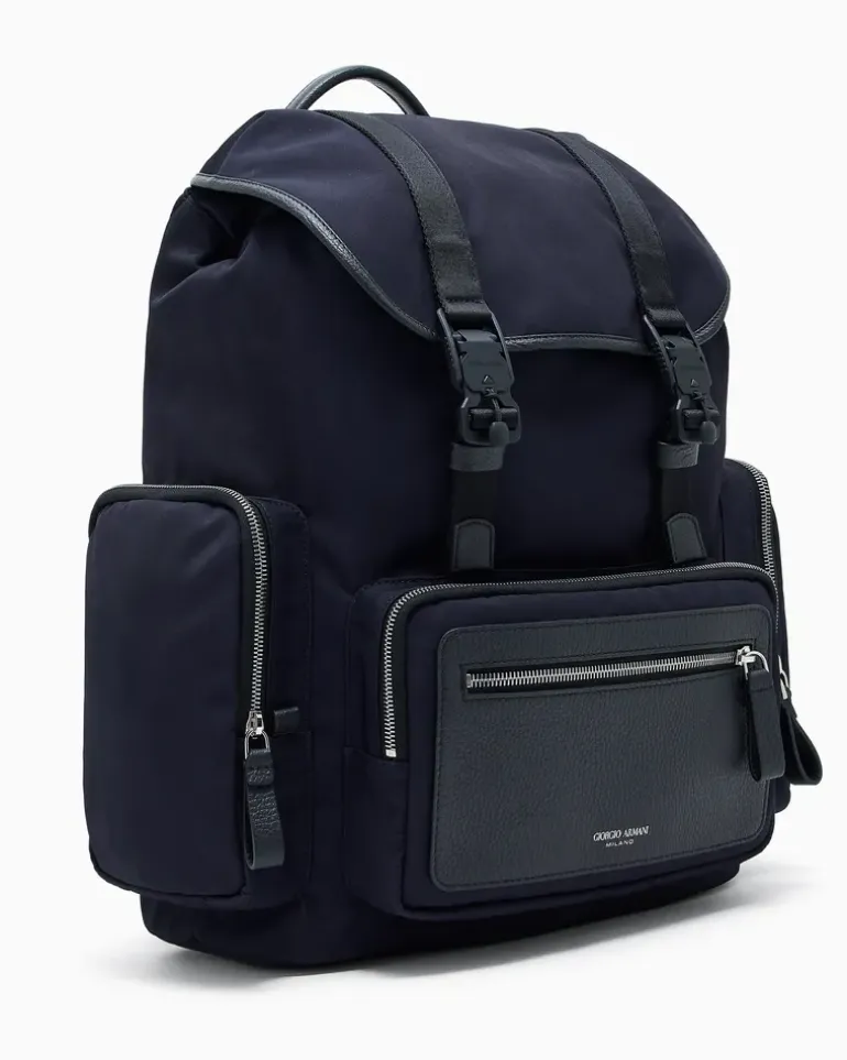 Rucksack aus Nylon und genarbtem Leder Blau