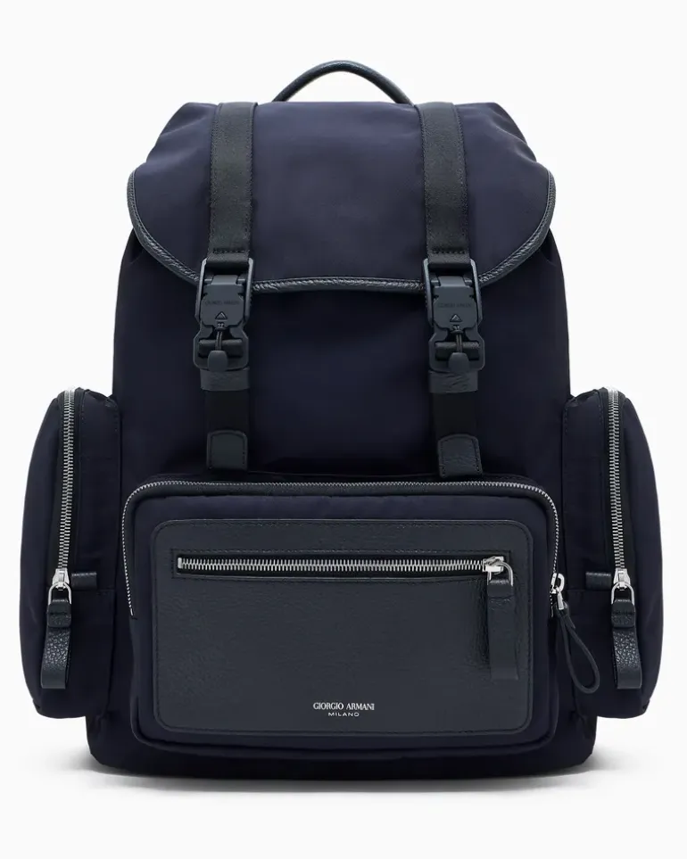 Rucksack aus Nylon und genarbtem Leder Blau