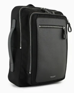 Rucksack aus Nylon und vollnarbigem Leder Schwarz