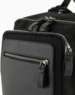 Rucksack aus Nylon und vollnarbigem Leder Schwarz