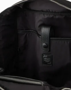 Rucksack aus Nylon und vollnarbigem Leder Schwarz