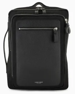 Rucksack aus Nylon und vollnarbigem Leder Schwarz