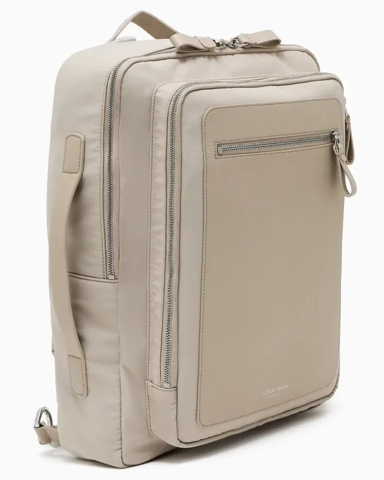 Rucksack aus Nylon und vollnarbigem Leder Beige