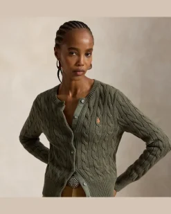 Rundhalsstrickjacke mit Zopfmuster Green