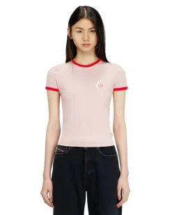 Schmales T-Shirt mit Schweinedruck - T-Shirts - Damen - Rosa
