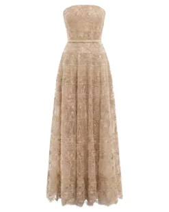 Schulterfreies Tüllkleid mit Perlen - Gold