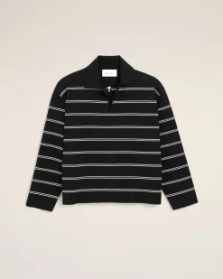 Schwarzes gestreiftes Polo aus Baumwolle mit Ami Patch Weiß Unisex