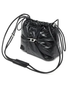 Scrunch-D-Beuteltasche aus glänzendem zerknittertem Leder - Schultertaschen - Damen - Schwarz
