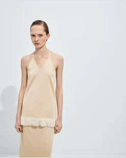 Seiden-Strickoberteil-Beige - Damen