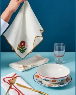 Servietten mit Blumenstickerei (4er-Set) - Weiß