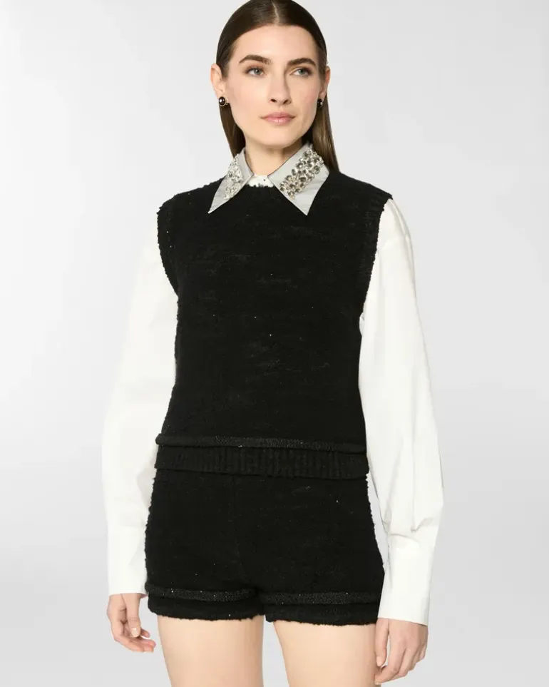 Sleeveless wool top with sequins Black