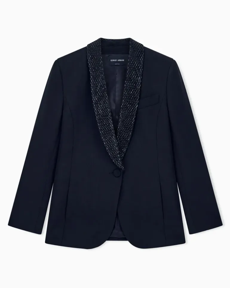 Smokingjacke aus Seidencady mit Strass am Revers Gemustert