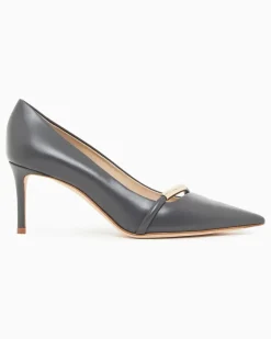 Spitze Pumps aus Leder mit Riemen und Stiletto-Absatz Grau