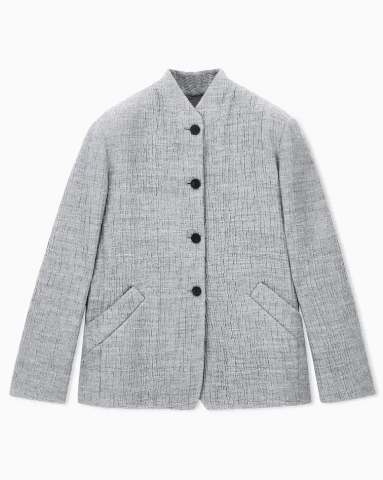 Stehkragenblazer aus Seersucker mit Schurwolle und Seide Grau